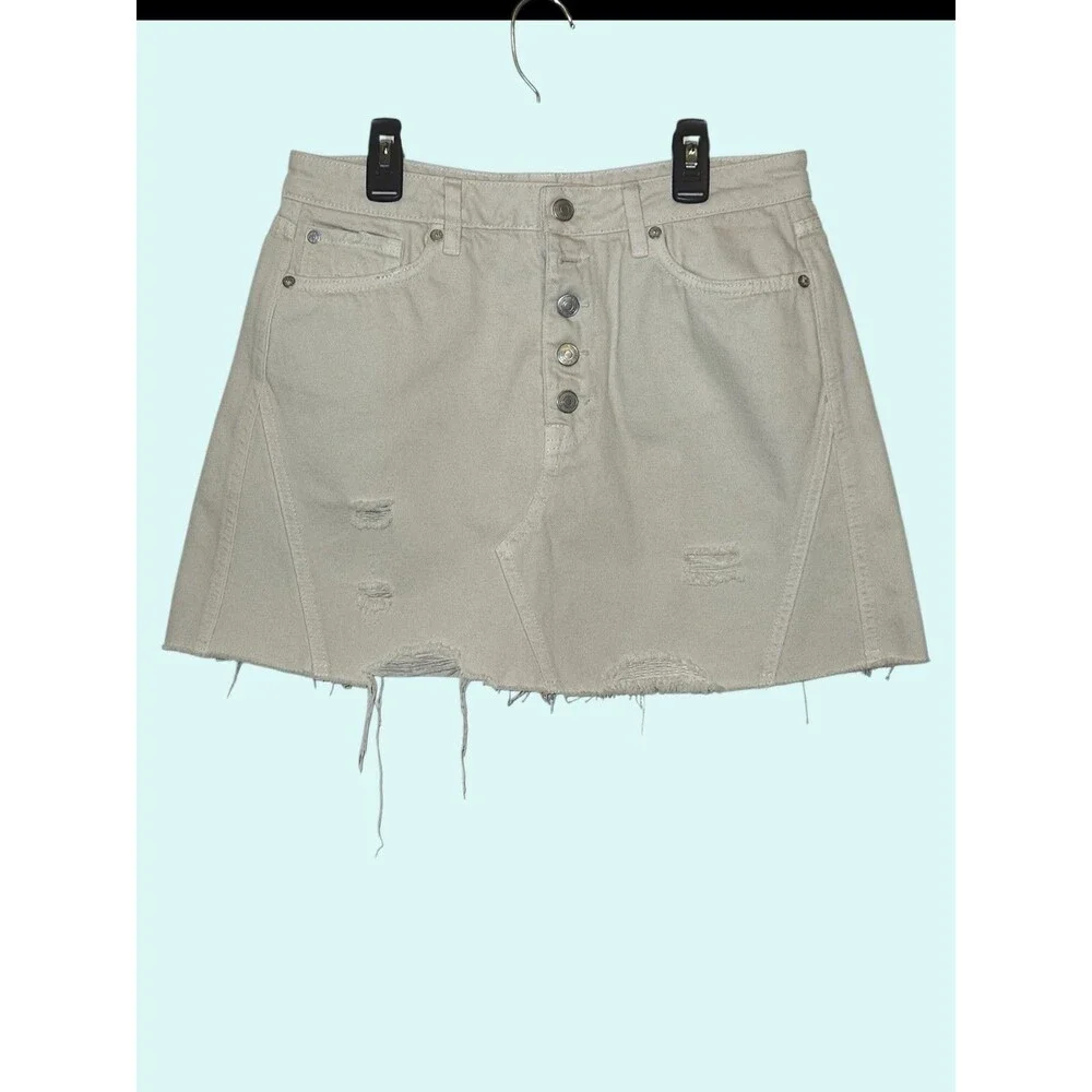 We The Free Mini Denim Skirt Size 31 Off White Distressed Button Fly Raw Hem